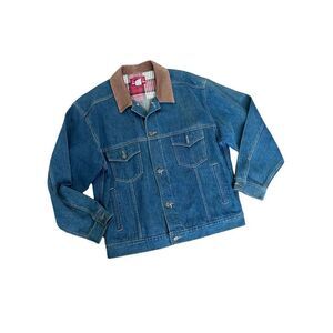 Vintage Marlboro Country Store Leather Collar Denim Jean Trucker Jacket Mens Lar